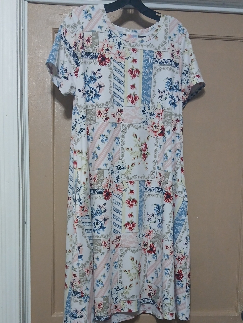 LuLaRoe Jesse Cream Floral Patchwork Midi Dress with Blue and Pink Accents